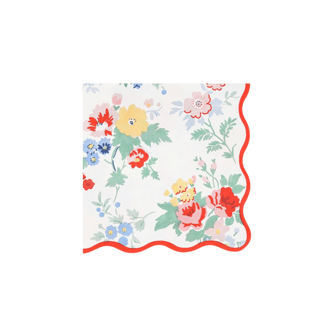 multicolor floral napkin with scalloped red edge for spring from Parte Haus party supply store in Bethesda MD