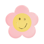 Pink flower plate with yellow smiley face birthday decor from Parte Haus party supply store in Bethesda Maryland