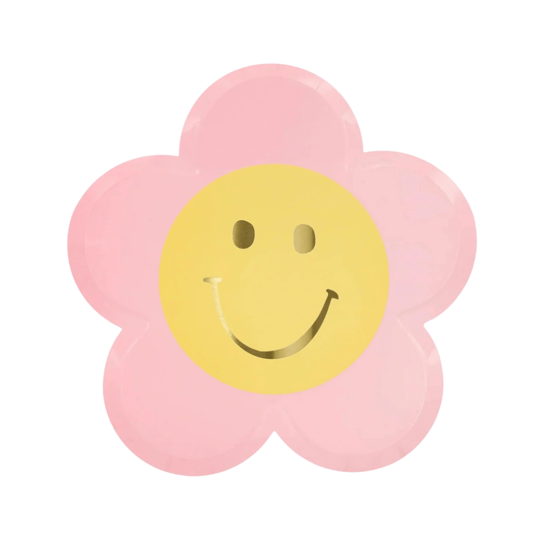 Pink flower plate with yellow smiley face birthday decor from Parte Haus party supply store in Bethesda Maryland