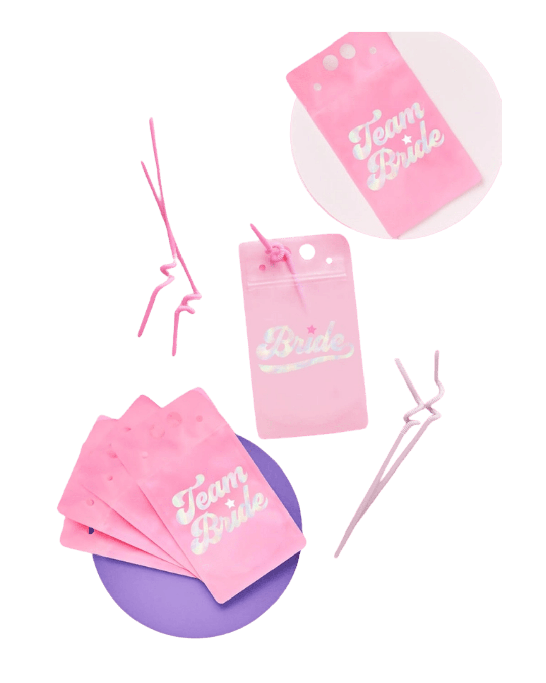 Pink Team Bride pouches and straws for bachelorette party from Parte Haus party supply store in Bethesda MD.