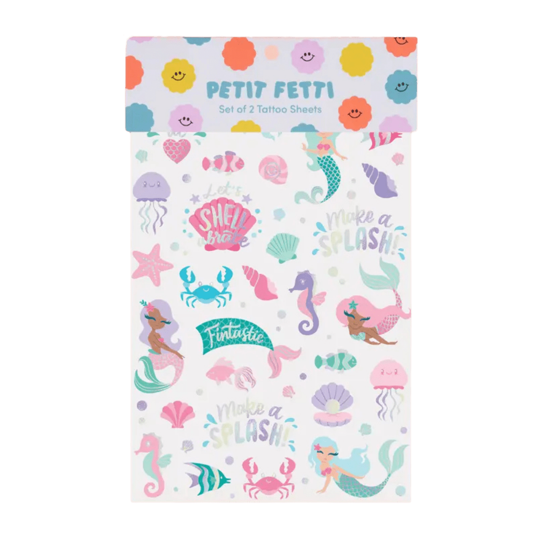 Pastel mermaid tattoo sheet with sea creatures under the sea theme from Parte Haus party supply store in Bethesda MD
