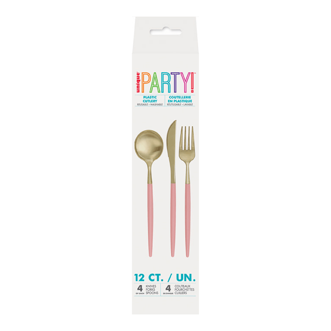 Pink and gold plastic cutlery set modern design for any celebration from Parte Haus party supply store in Bethesda MD.