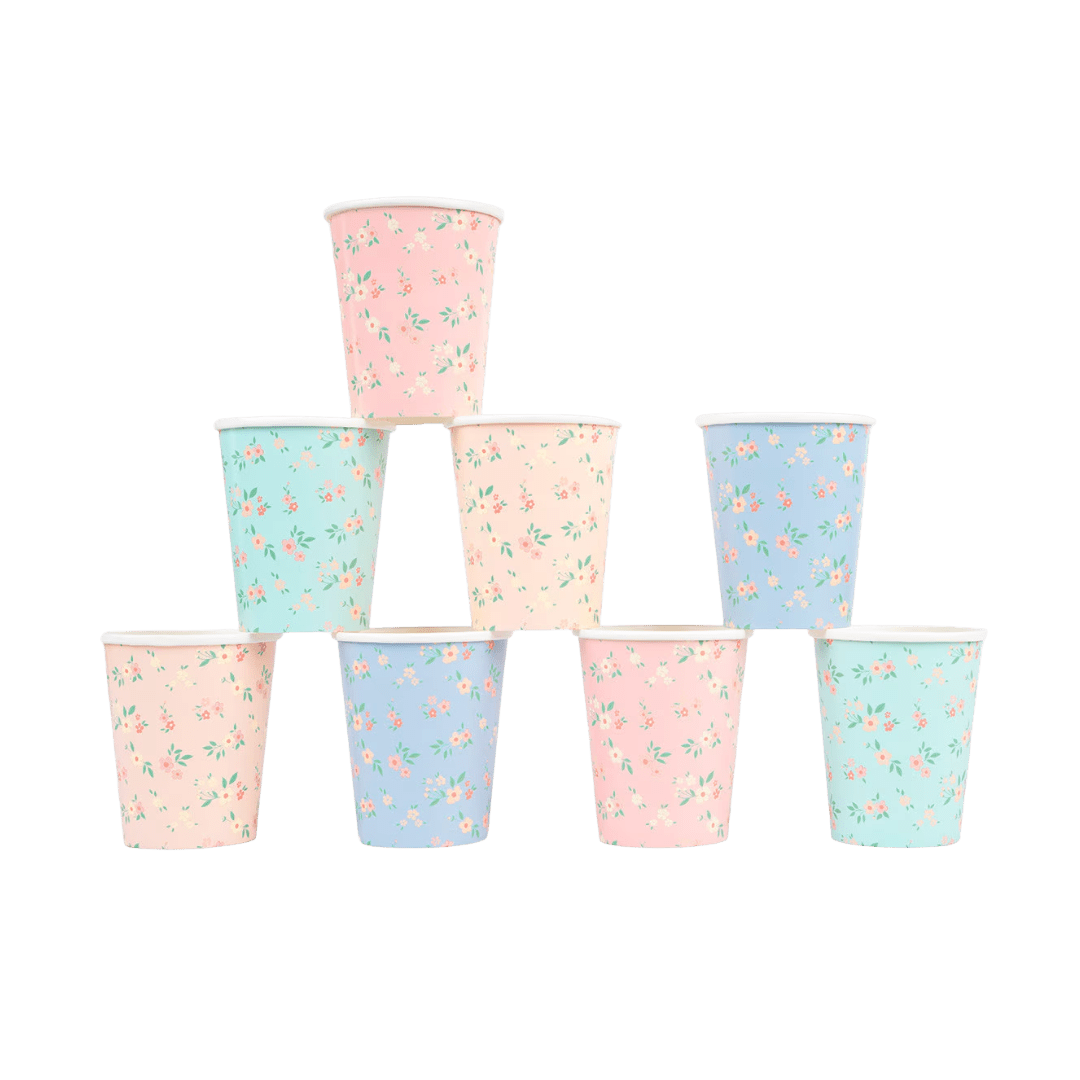 Pastel floral paper cups with pink and blue flowers for spring from Parte Haus party supply store in Bethesda MD