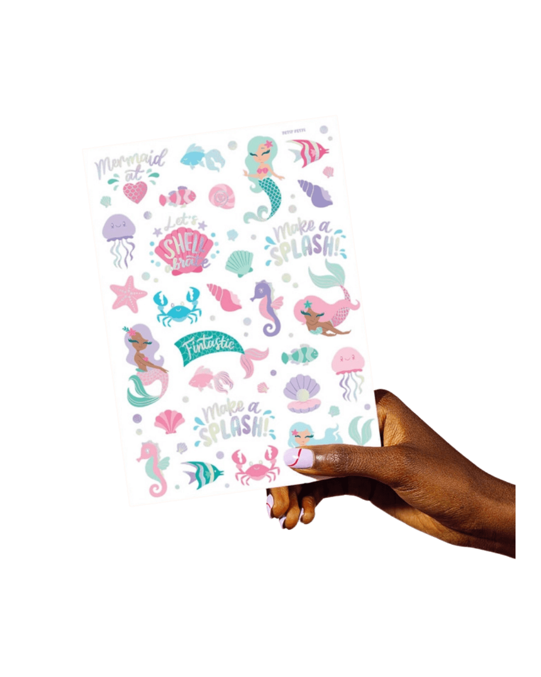 Colorful mermaid sticker sheet with sea creatures under the sea theme from Parte Haus party supply store in Bethesda MD.