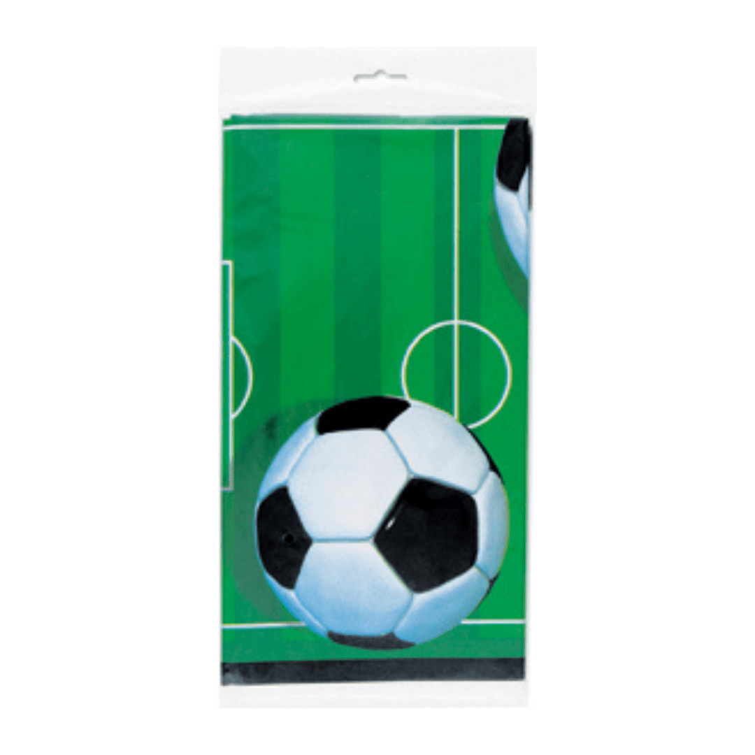 Green soccer table cover with soccer ball design for sports birthday from Parte Haus party supply store in Bethesda MD