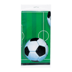 Green soccer table cover with soccer ball design for sports birthday from Parte Haus party supply store in Bethesda MD