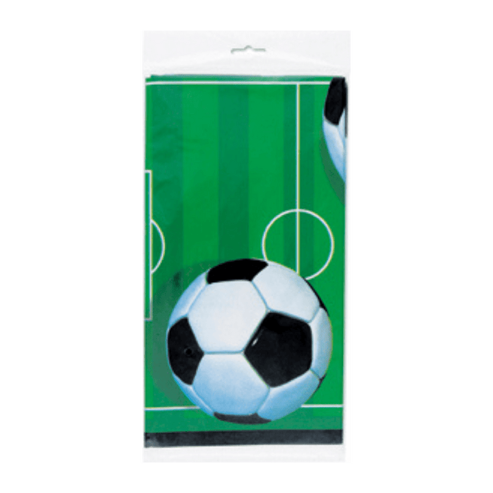 Green soccer table cover with soccer ball design for sports birthday from Parte Haus party supply store in Bethesda MD