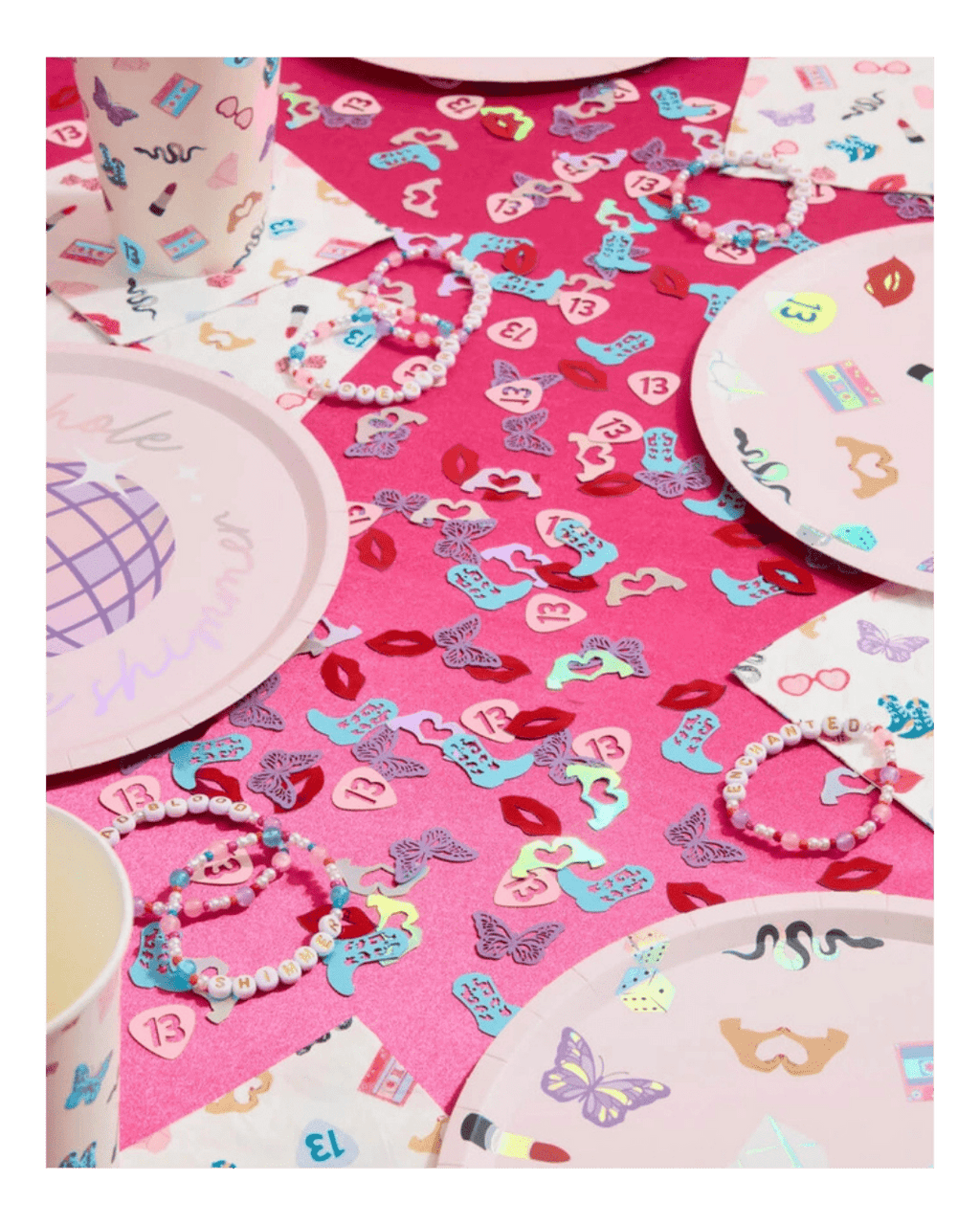 Pink and pastel birthday plates cups and confetti themed table decor for girls party from Parte Haus party supply store in Bethesda, MD.