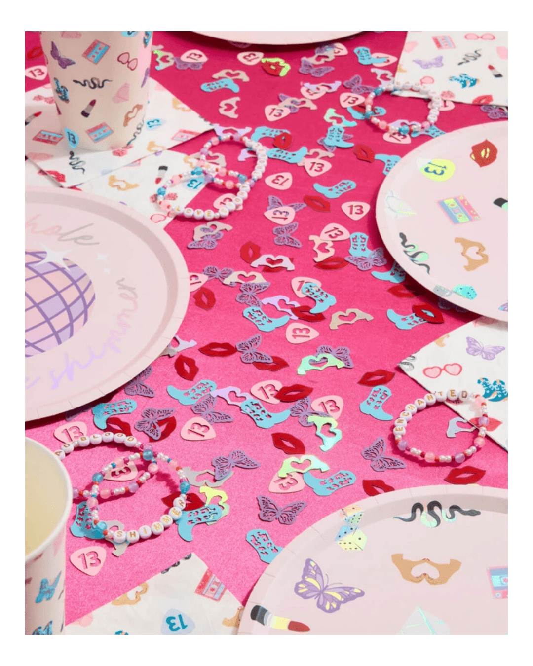 Pink and pastel birthday plates cups and confetti themed table decor for girls party from Parte Haus party supply store in Bethesda, MD.