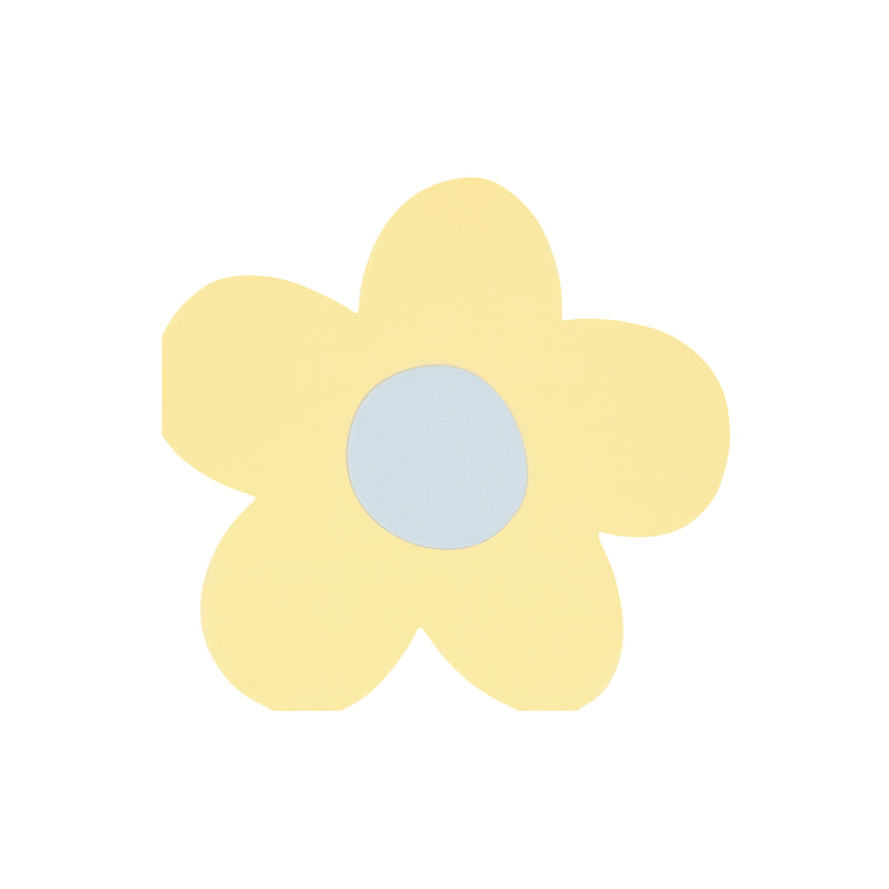 Yellow flower-shaped plate with blue center spring theme from Parte Haus party supply store in Bethesda Maryland