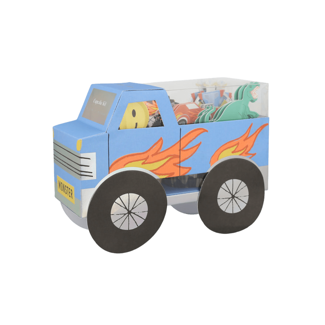 blue monster truck cupcake kit with flame graphics kids birthday theme from Parte Haus party supply store in Bethesda MD
