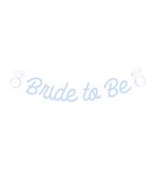 Iridescent script banner bride to be with diamond rings bridal shower theme from Parte Haus party supply store in Bethesda MD