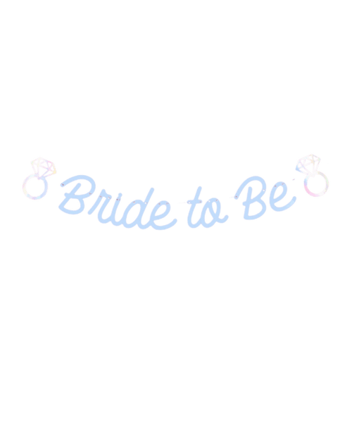 Iridescent script banner bride to be with diamond rings bridal shower theme from Parte Haus party supply store in Bethesda MD