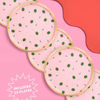Pink cocktail print plates with martini glasses and olives for celebration theme from Parte Haus party supply store in Bethesda Maryland