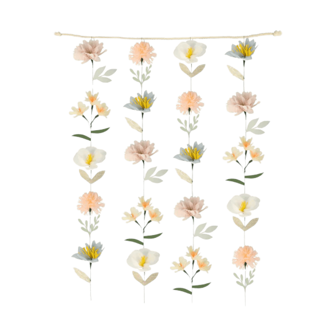 Pastel flower garland with hanging artificial blooms for spring from Parte Haus party supply store in Bethesda MD