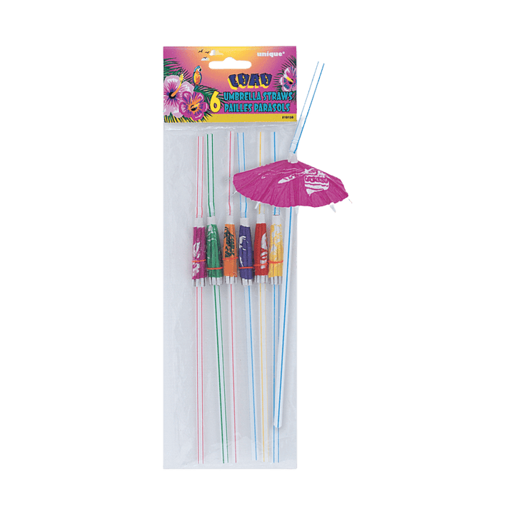 multicolor umbrella straws pack with tropical umbrella toppers luau theme from Parte Haus party supply store in Bethesda MD