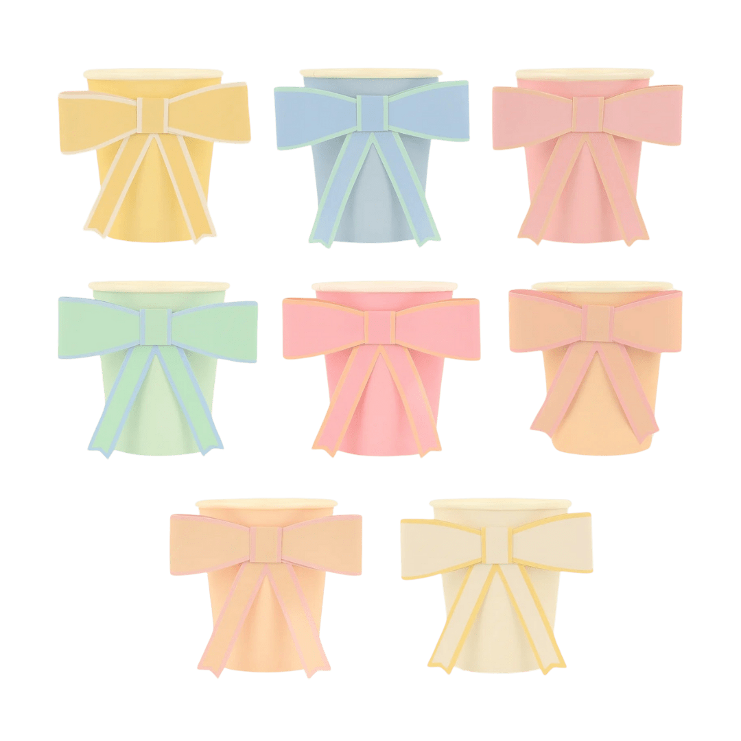 Pastel color bow cups set with large bows birthday theme from Parte Haus party supply store in Bethesda MD