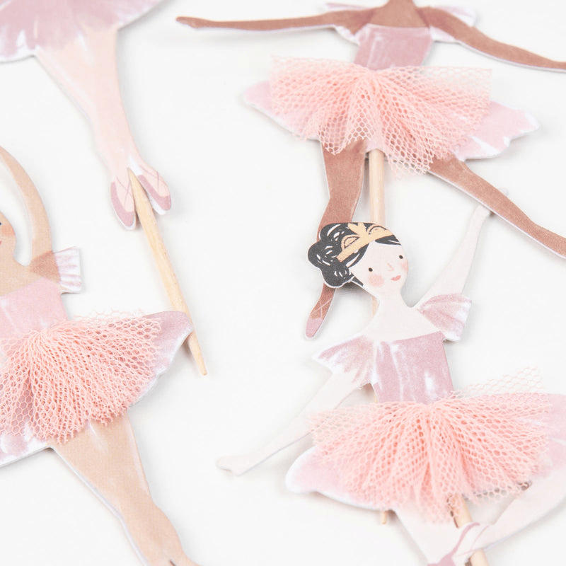 Pink ballerina cupcake toppers with tulle tutu dance theme from Parte Haus party supply store in Bethesda MD.