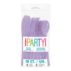 Lavender plastic cutlery set with forks knives and spoons birthday theme from Parte Haus party supply store in Bethesda Maryland.