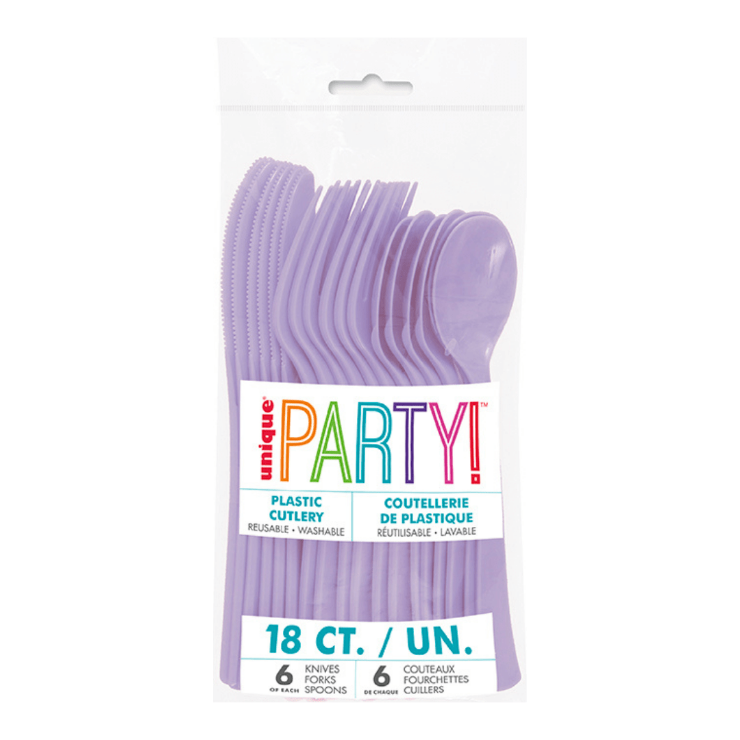 Lavender plastic cutlery set with forks knives and spoons birthday theme from Parte Haus party supply store in Bethesda Maryland.