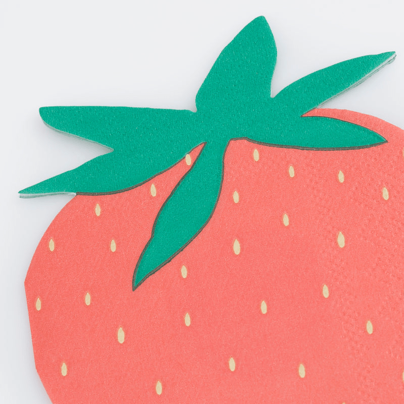 Pink strawberry shaped napkin with green leaf detail summer theme from Parte Haus party supply store in Bethesda Maryland