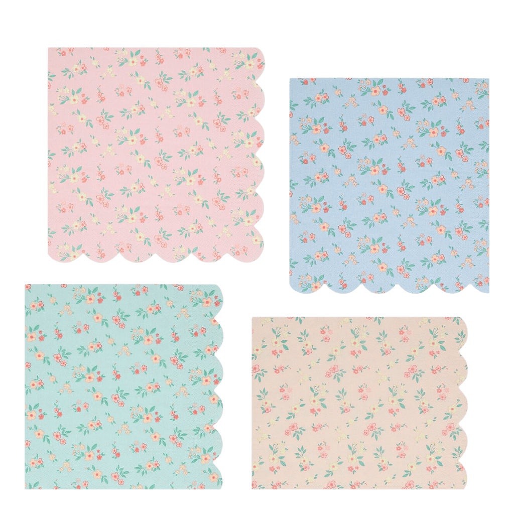 Pastel floral napkins with scalloped edges birthday theme from Parte Haus party supply store in Bethesda MD.
