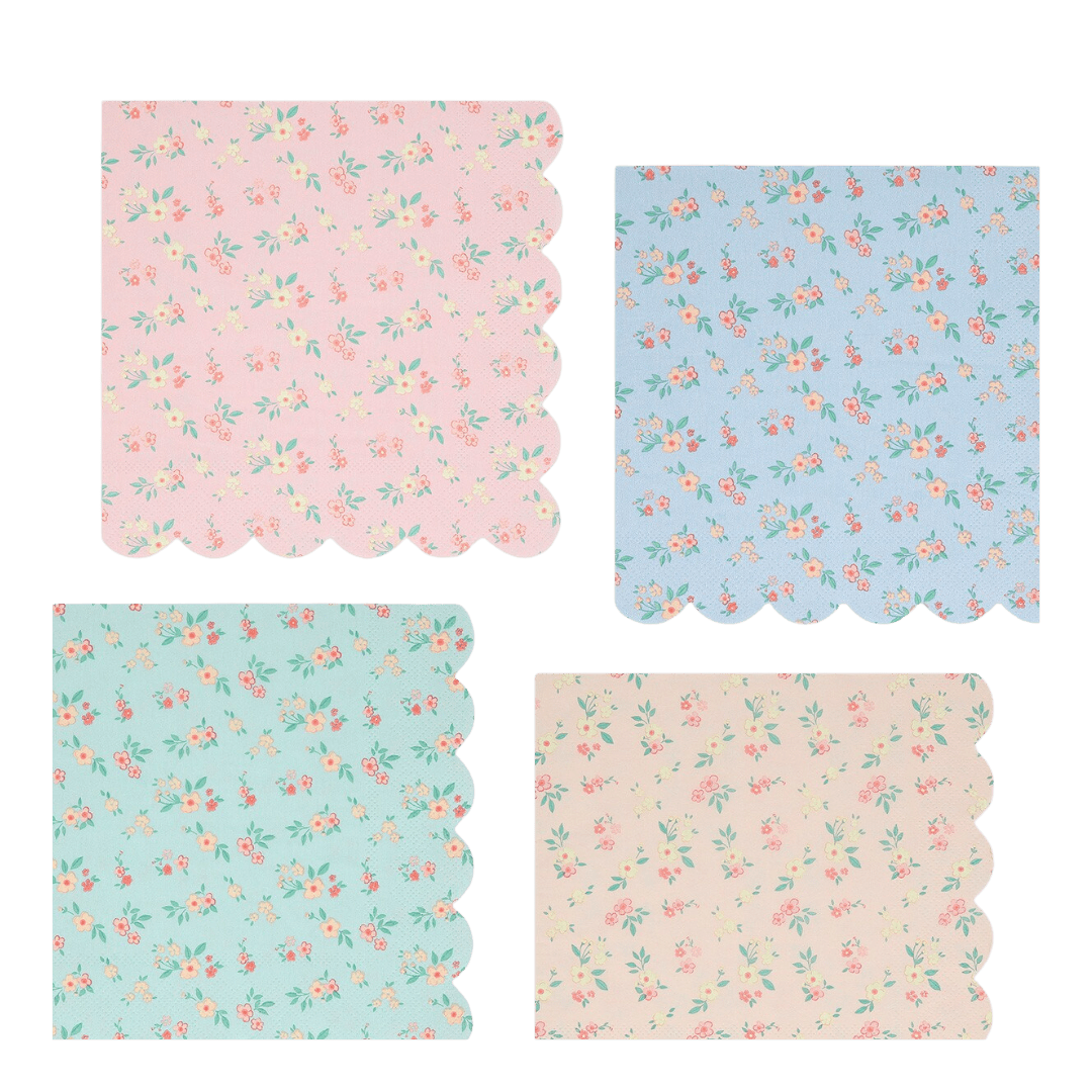 Pastel floral napkins with scalloped edges birthday theme from Parte Haus party supply store in Bethesda MD.