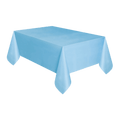 Light blue rectangular plastic tablecloth on a table birthday theme from Parte Haus party supply store in Bethesda MD