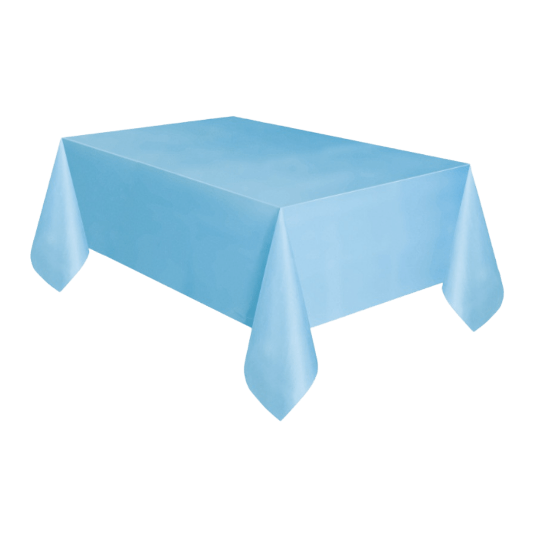 Light blue rectangular plastic tablecloth on a table birthday theme from Parte Haus party supply store in Bethesda MD