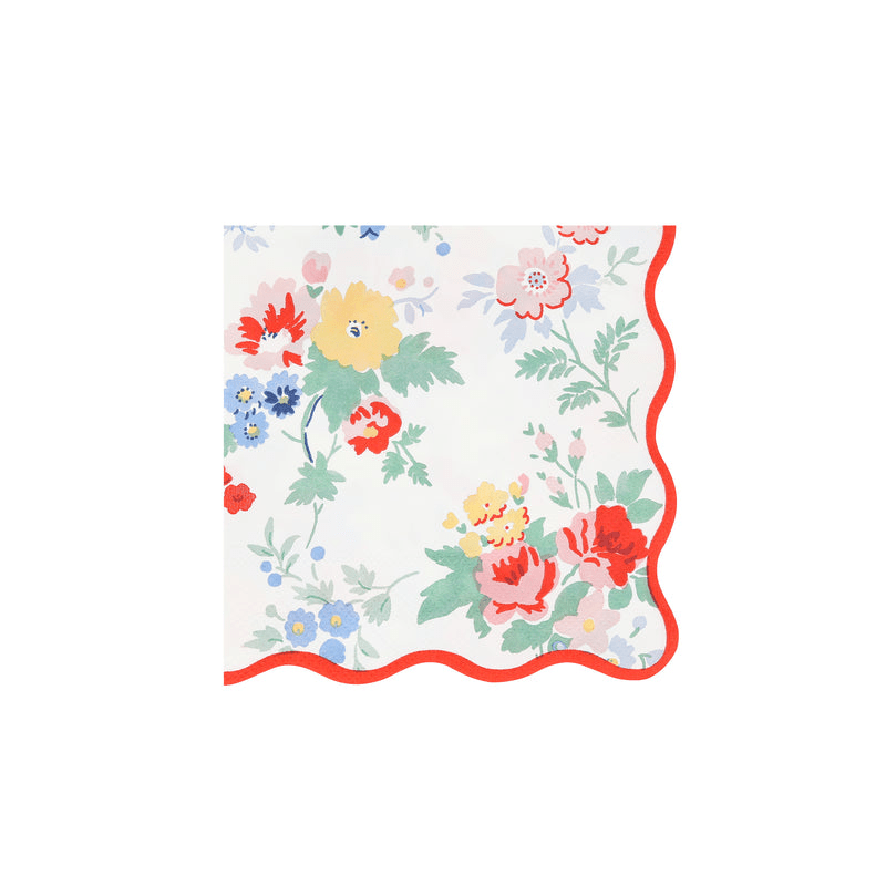 Multicolor floral paper napkin with red scalloped edge spring occasion from Parte Haus party supply store in Bethesda MD.