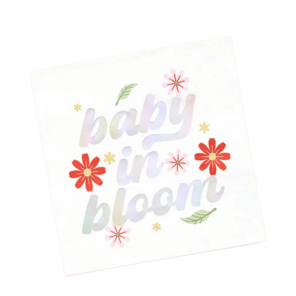 White floral baby shower napkin with baby in bloom text from Parte Haus party supply store in Bethesda MD