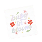 White floral baby shower napkin with baby in bloom text from Parte Haus party supply store in Bethesda MD