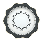 Black and white scalloped edge plate with bat and ribbon design for Halloween from Parte Haus party supply store in Bethesda MD