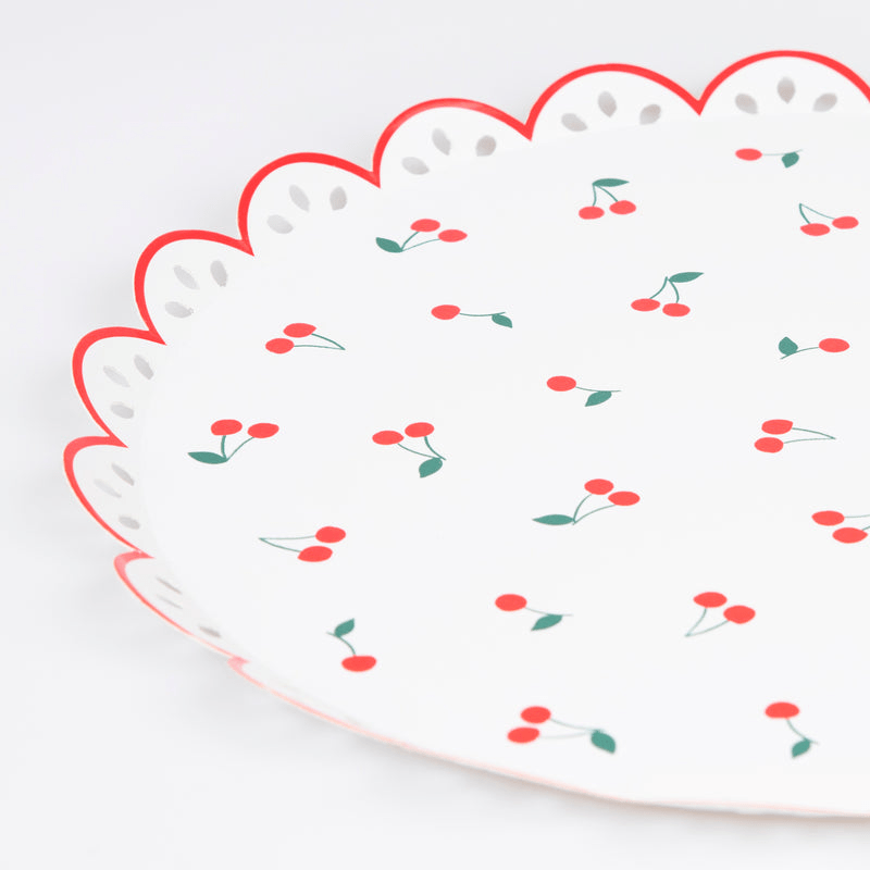 red cherry paper plate with scalloped edge summer fruit theme from Parte Haus party supply store in Bethesda MD