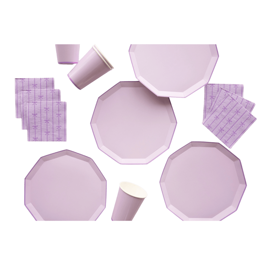 Lavender tableware set with octagon plates cups and napkins for birthday from Parte Haus party supply store in Bethesda MD.