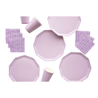 Lavender tableware set with octagon plates cups and napkins for birthday from Parte Haus party supply store in Bethesda MD.