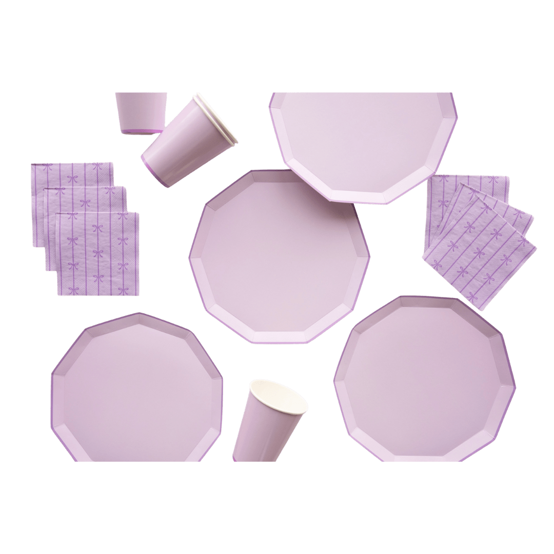 Lavender tableware set with octagon plates cups and napkins for birthday from Parte Haus party supply store in Bethesda MD.