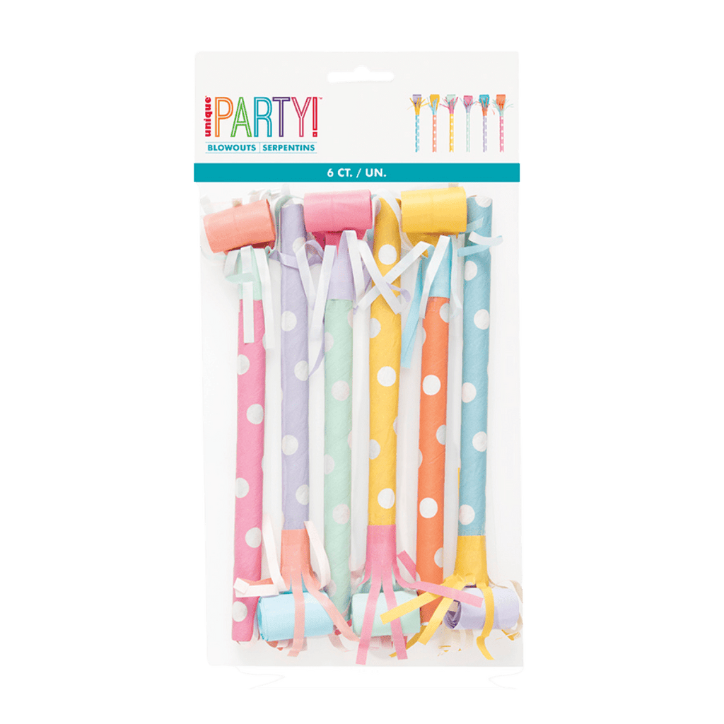 Pastel polka dot blowouts colorful noisemakers for birthday occasion from Parte Haus party supply store in Bethesda Maryland
