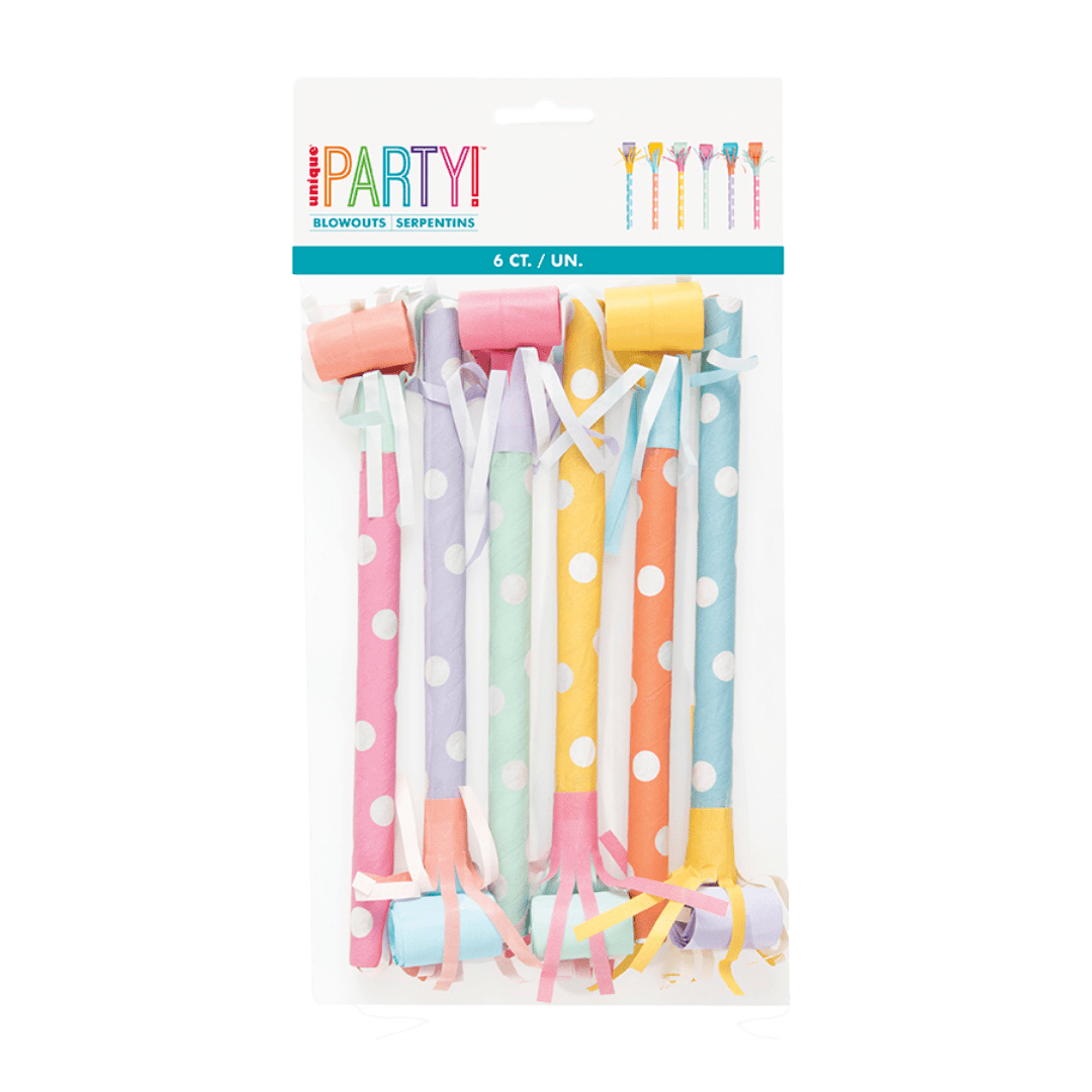 Pastel polka dot blowouts colorful noisemakers for birthday occasion from Parte Haus party supply store in Bethesda Maryland
