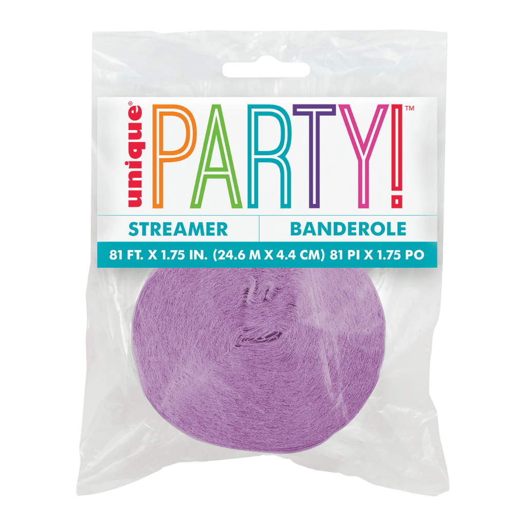 Purple streamer rolled in packaging for celebrations from Parte Haus party supply store in Bethesda Maryland