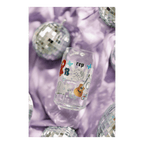 Clear Taylor Swift themed glass can with colorful designs for birthday celebration from Parte Haus party supply store in Bethesda MD