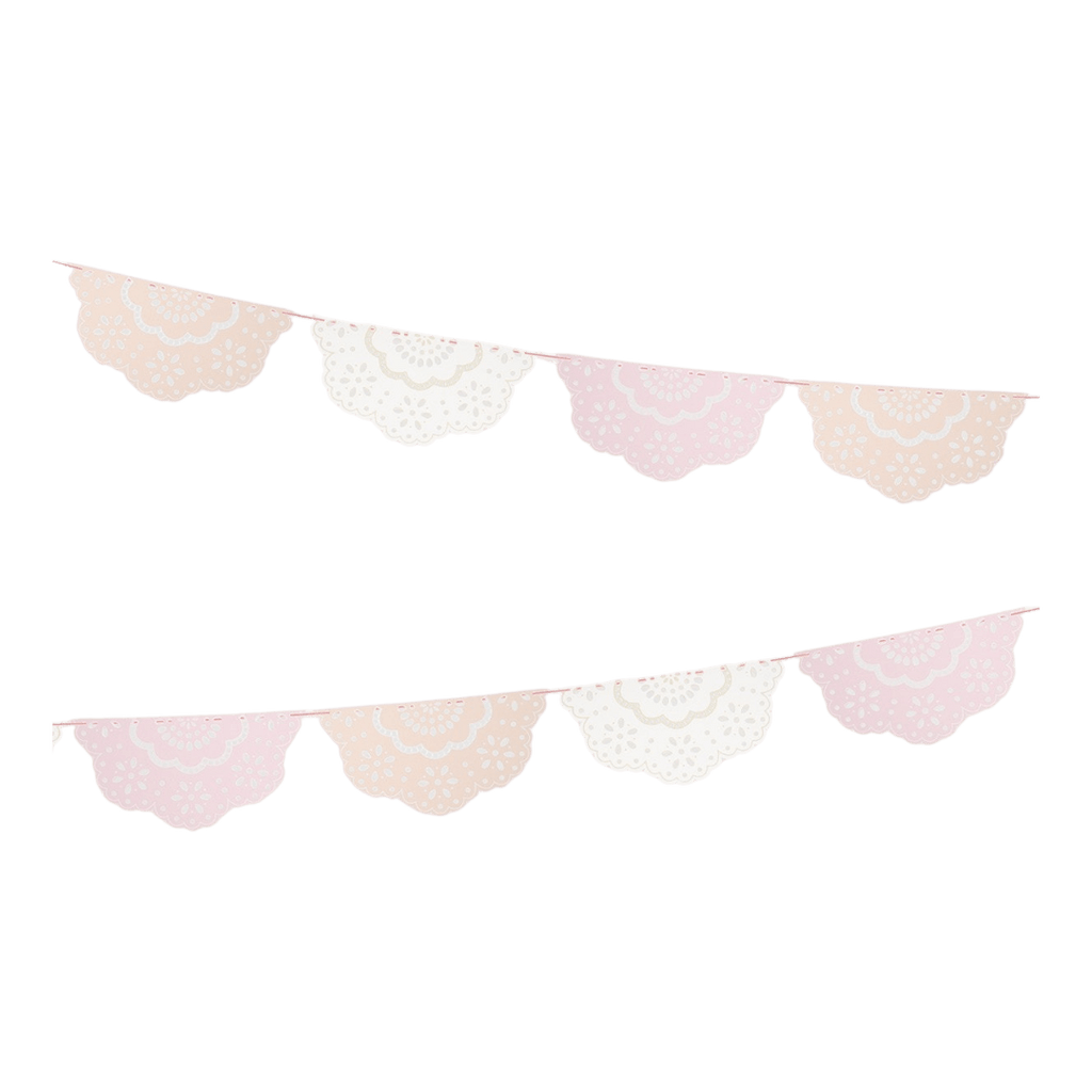 Pastel pink white and peach banner garland with lace patterns birthday decor from Parte Haus party supply store in Bethesda MD.