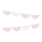 Pastel pink white and peach banner garland with lace patterns birthday decor from Parte Haus party supply store in Bethesda MD.