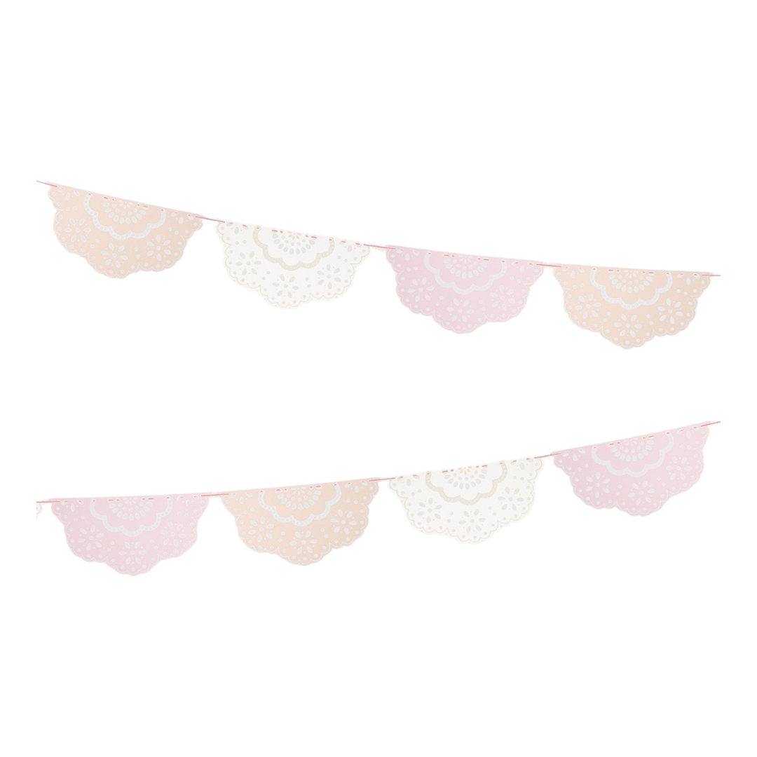 Pastel pink white and peach banner garland with lace patterns birthday decor from Parte Haus party supply store in Bethesda MD.