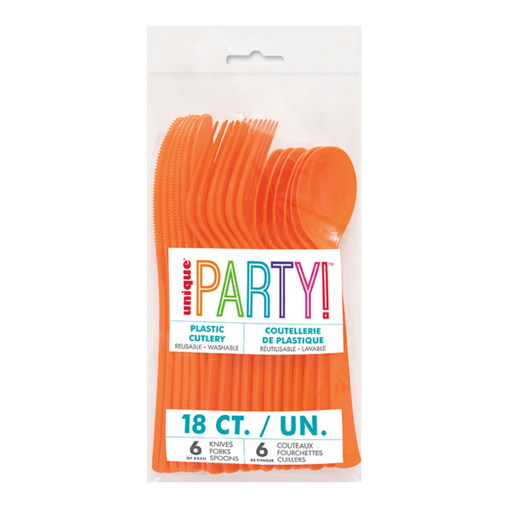 Orange plastic cutlery set for parties in clear packaging from Parte Haus party supply store in Bethesda MD