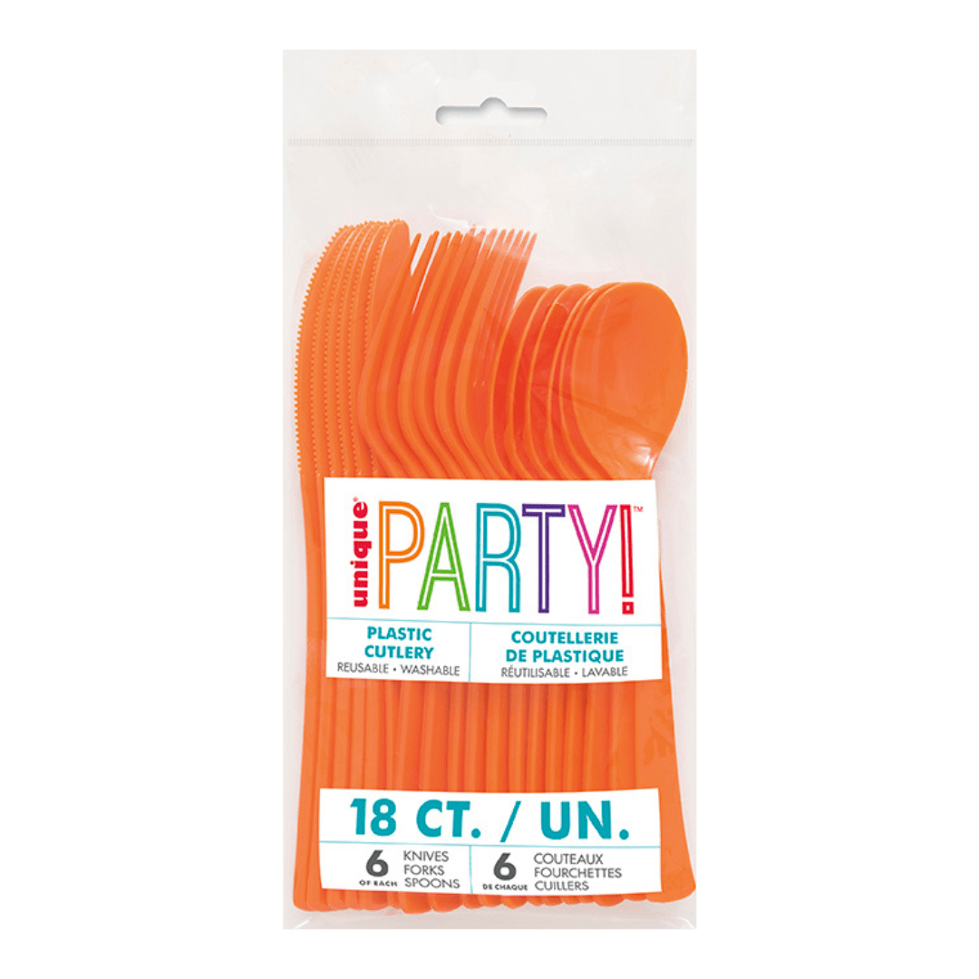 Orange plastic cutlery set for parties in clear packaging from Parte Haus party supply store in Bethesda MD
