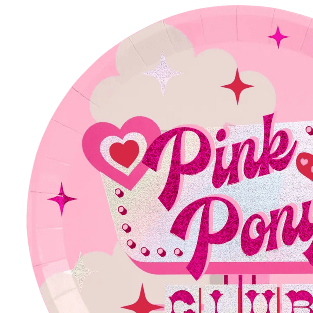 Pink plate Pink Pony design with hearts and stars birthday theme from Parte Haus party supply store in Bethesda MD