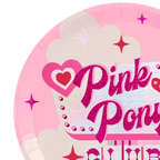 Pink plate Pink Pony design with hearts and stars birthday theme from Parte Haus party supply store in Bethesda MD