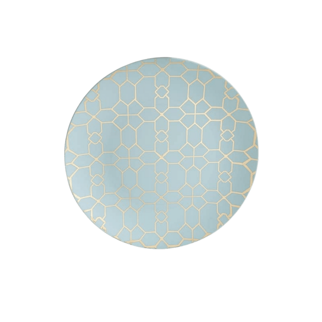 Light blue plate with gold geometric pattern for celebration from Parte Haus party supply store in Bethesda Maryland