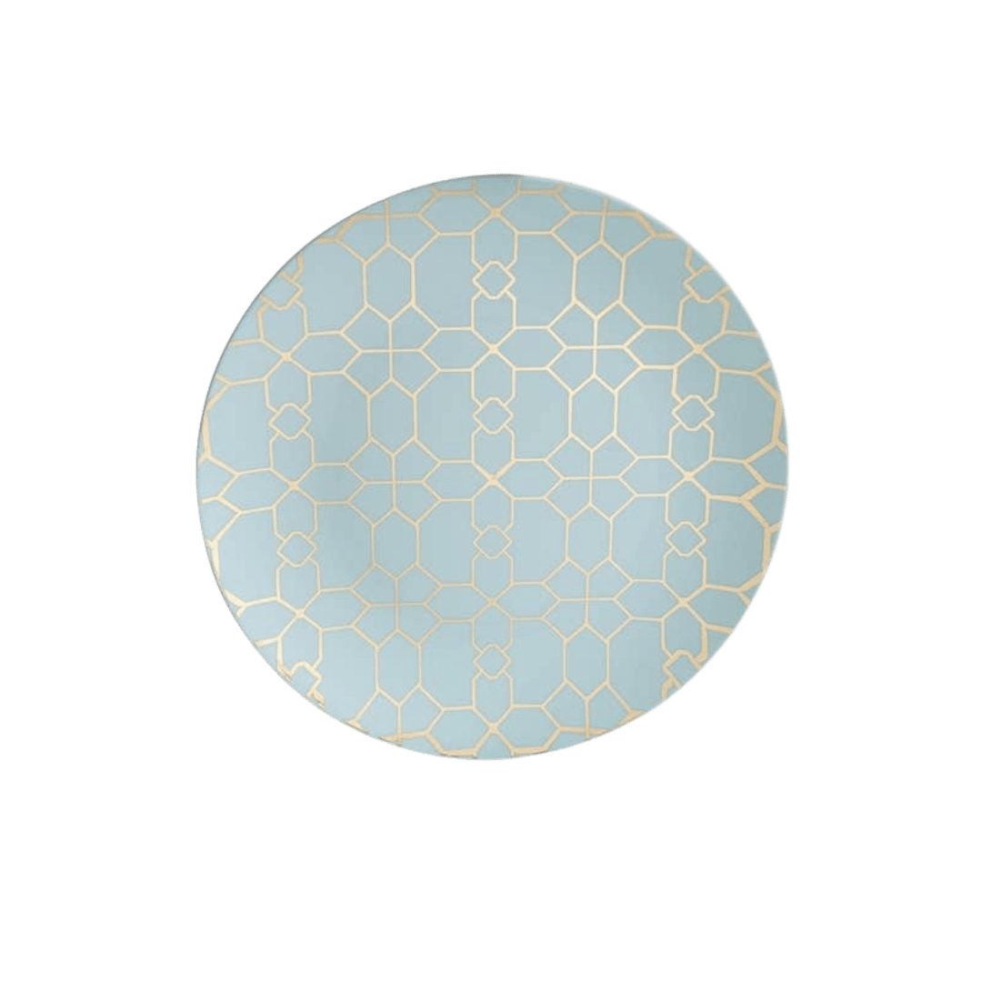 Light blue plate with gold geometric pattern for celebration from Parte Haus party supply store in Bethesda Maryland
